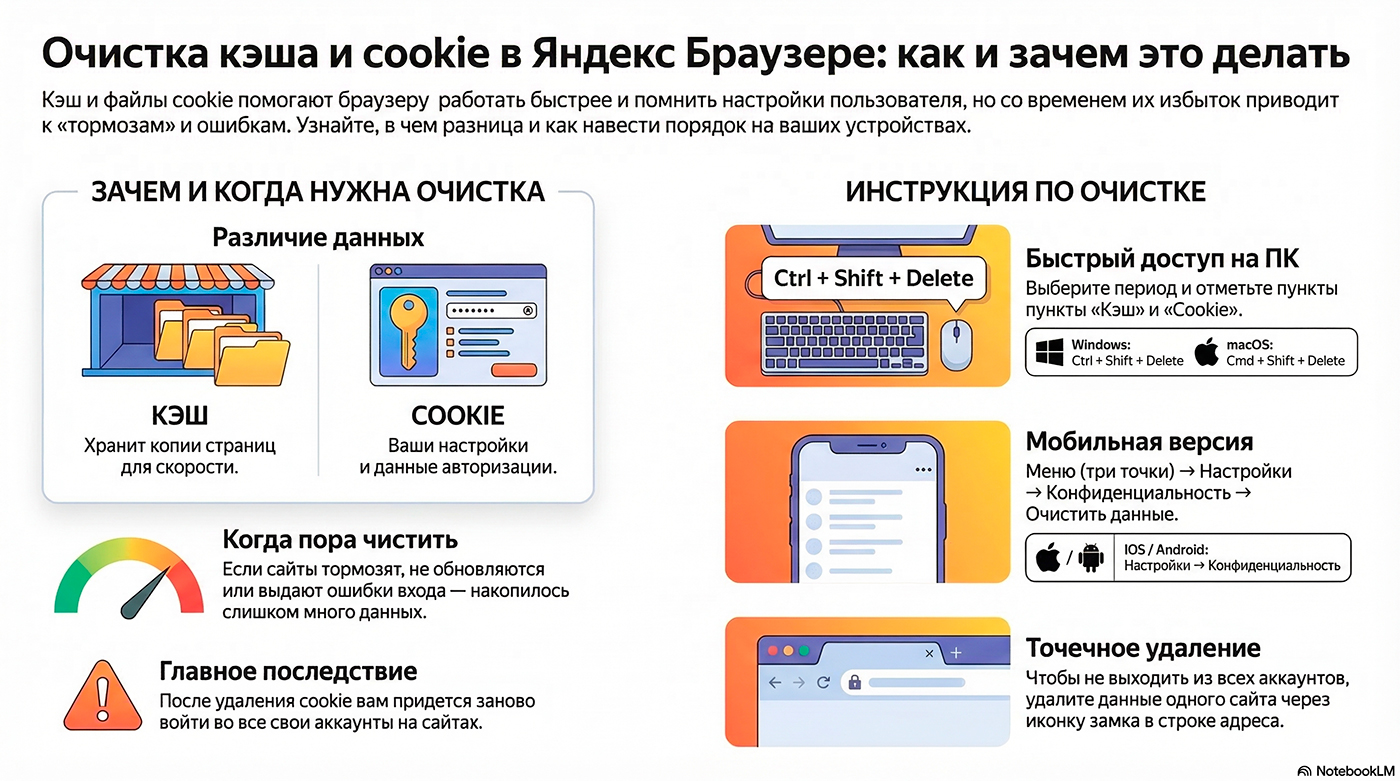 Очистка кэша и файлов cookie в Яндекс Браузере